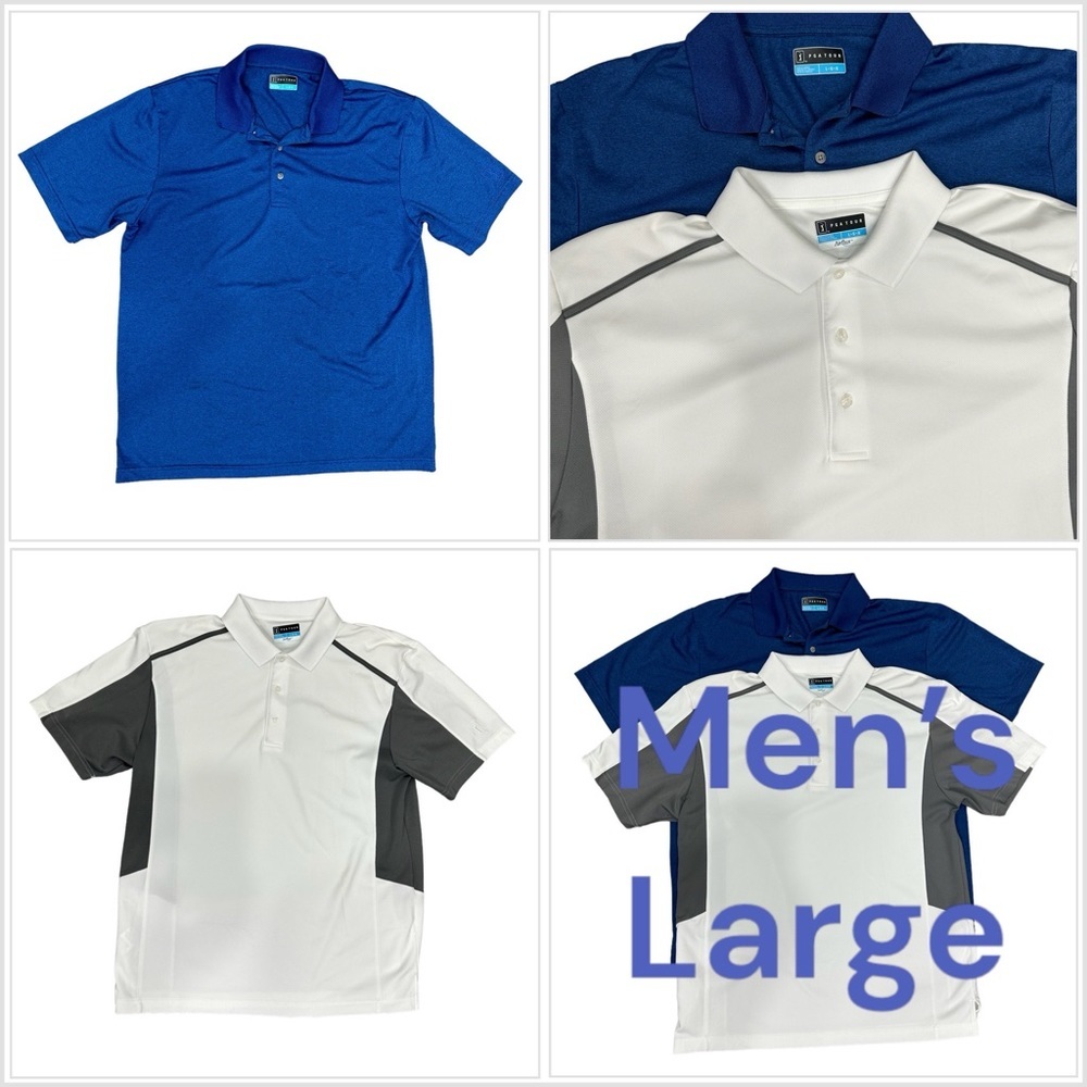 Men's 2 PGA Tour L Large 42 - 44 White Blue Polo Shirt Dri-Fi Golf Lightweight
